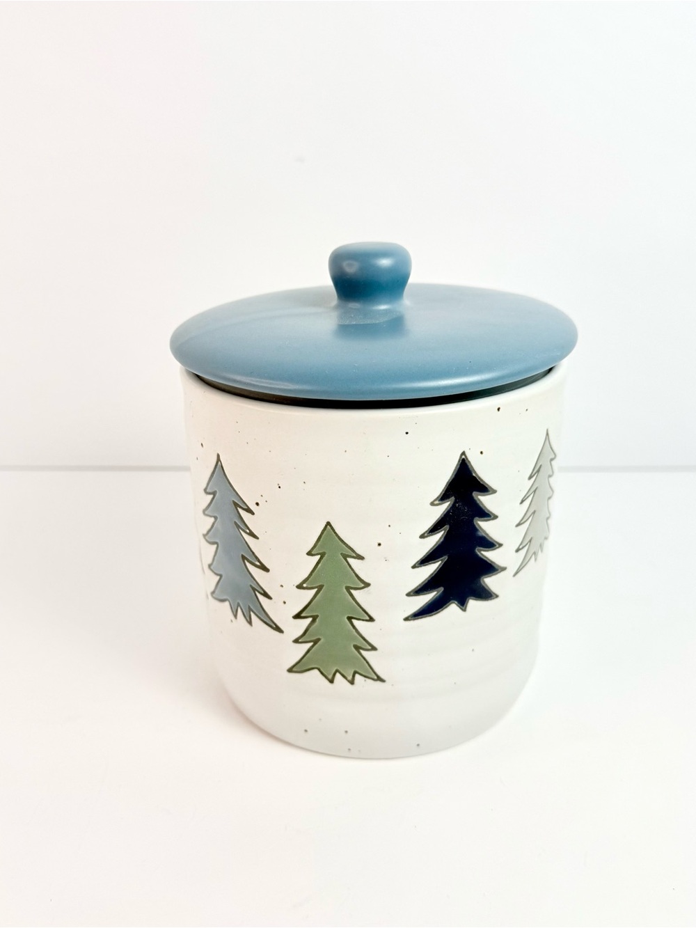 Peppermint and Pine Small Canister Treat Jar with Lid Christmas Pine Trees Stone